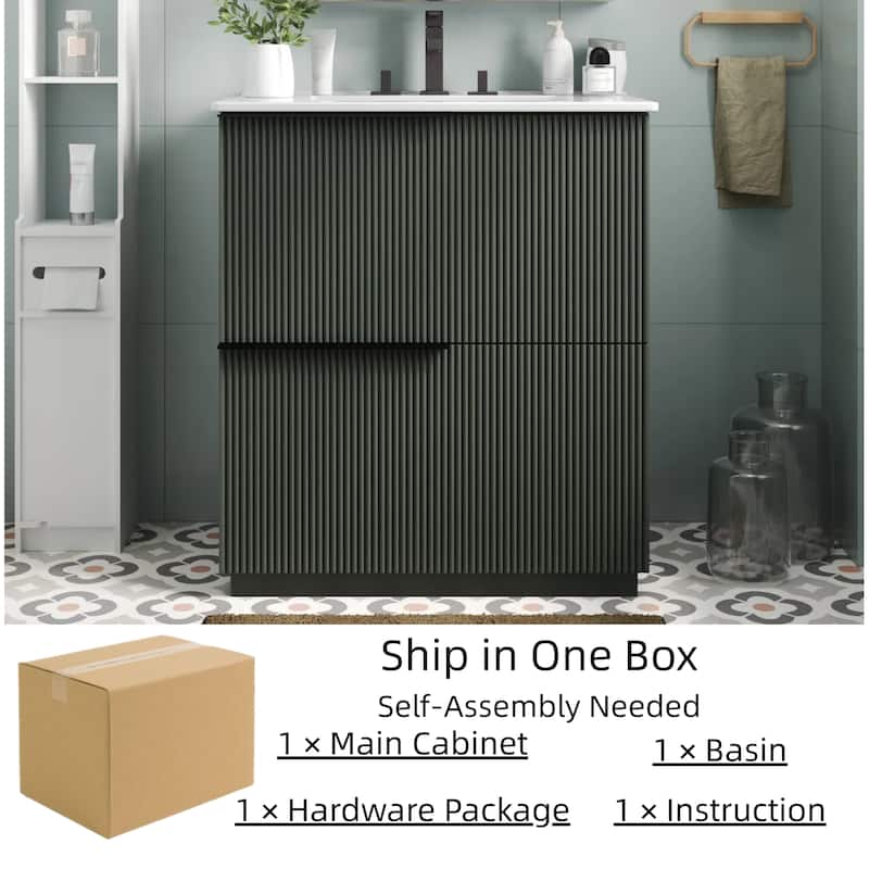 30" Bathroom Vanity with Ceramic Sink, Full-Extension Drawers, Soft-Close Undermount Slides, Fluted Design