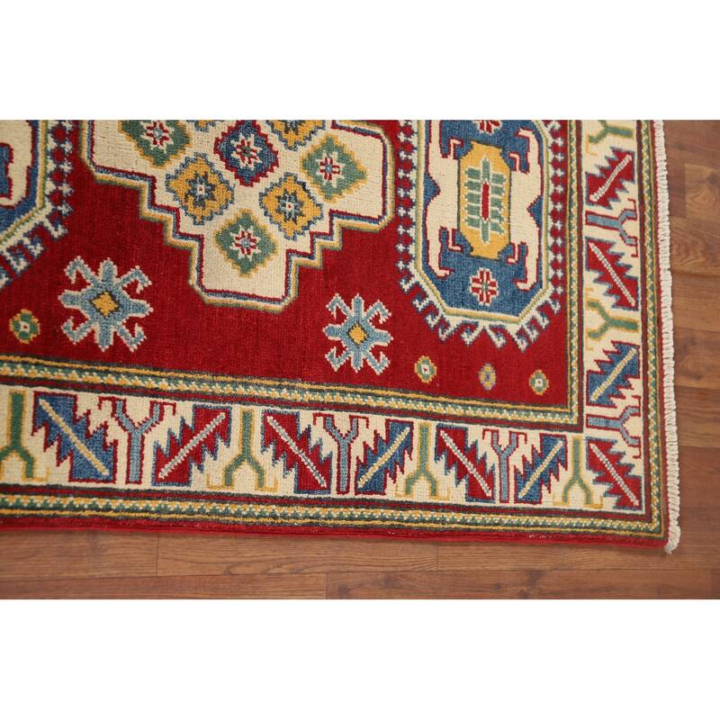 Geometric Red Kazak Foyer Rug Hand-Knotted Wool Carpet - 2'8" x 4'1"