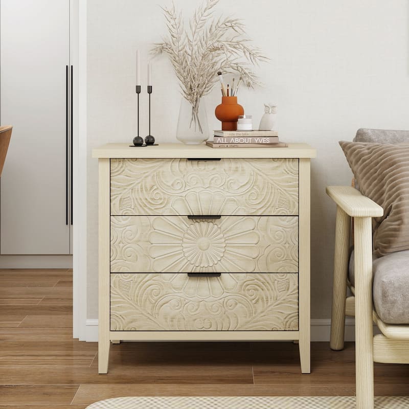 Roomfitters 3 Drawer Dresser Storage Cabinet, Carved Wood Chest of Drawers, Natural