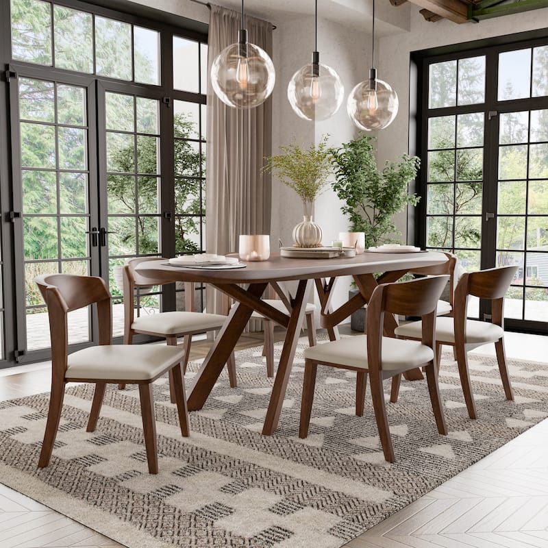 Furniture of America Abigail VI Mid-Century Modern 7-Piece Walnut Solid Wood Dining Set with Padded Chairs - Rich Walnut