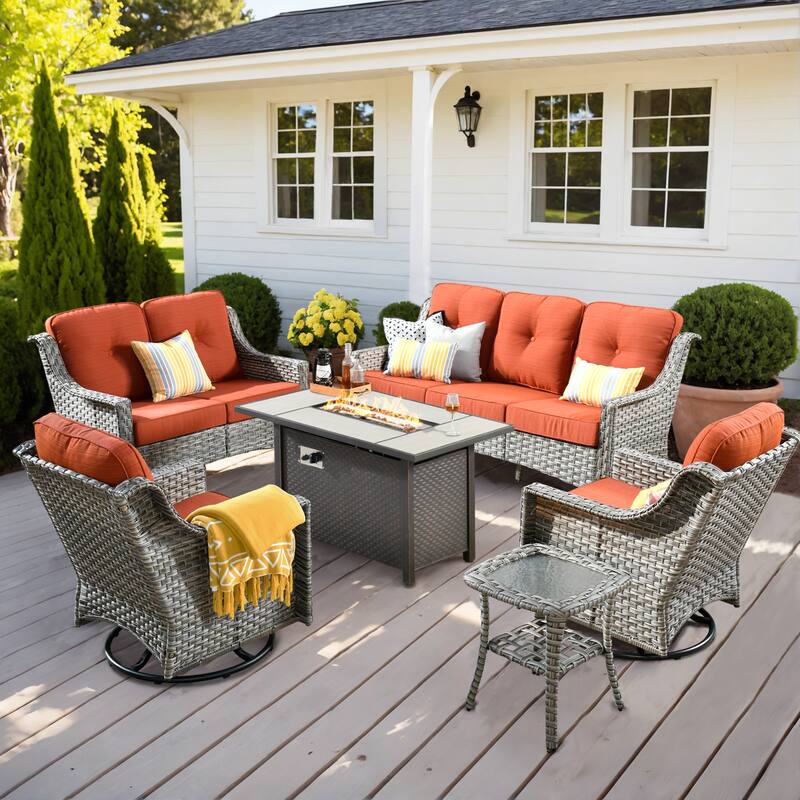 OVIOS 6 Pieces Outdoor Wicker Curved Swivel Chair Set With Fire Table - Pit Orange/Red