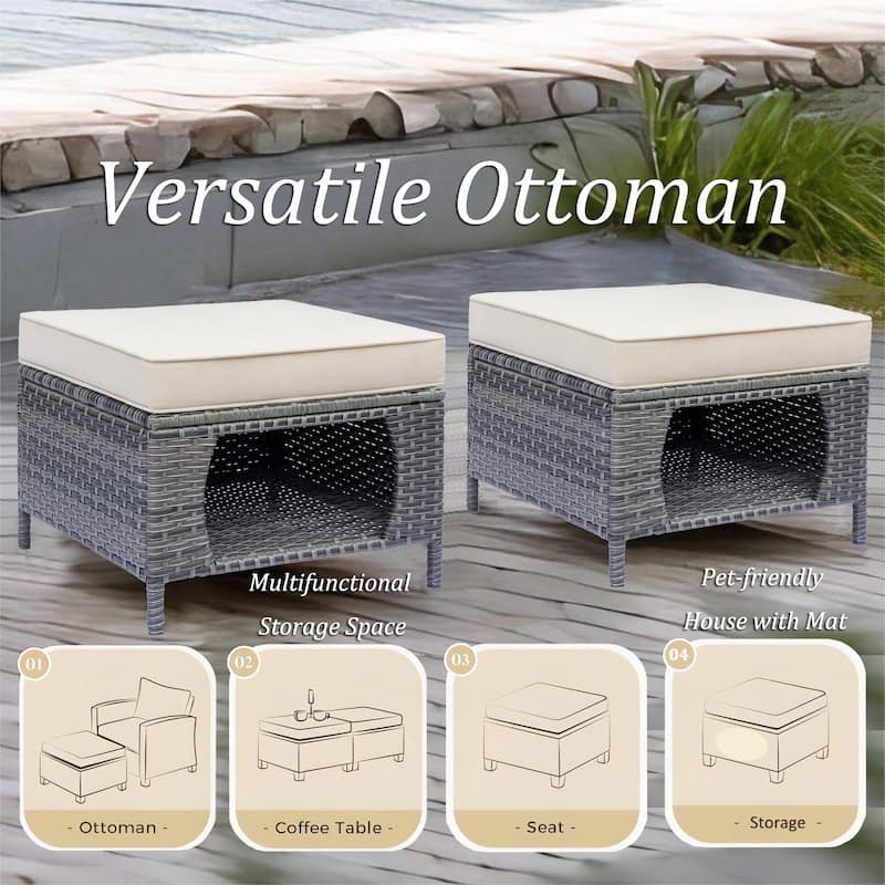 Patio Gray Outdoor Rattan Wicker Cushioned Storage Ottomans Set of 2