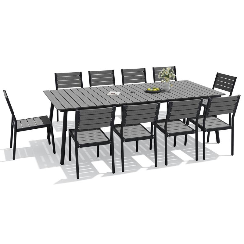 11-Piece Outdoor Patio Dining Set Wood-Like Table Top Alumium Umbrella Hole Table with Stackable Armless Chairs