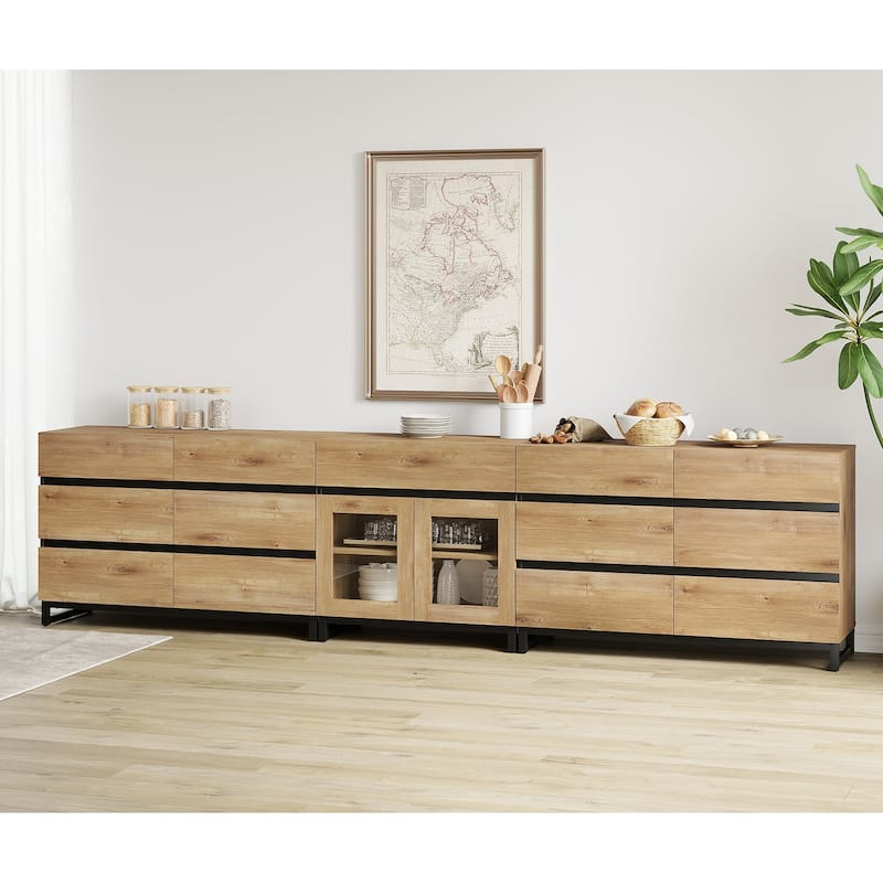 WAMPAT 3 in 1 Modern Sideboard with Glass Doors and 3 Drawers, Coffee Bar Cabinet for Kitchen - 94.5 inches - Oak