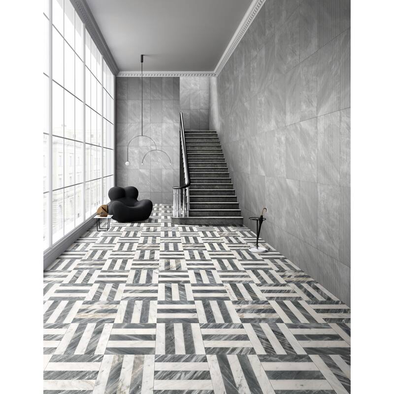 Roomfitters Waterjet Marble Tile for Floor and Wall, Polished Natural Stone, Genuine Marbl, 4-Piece Boxe, White Grey