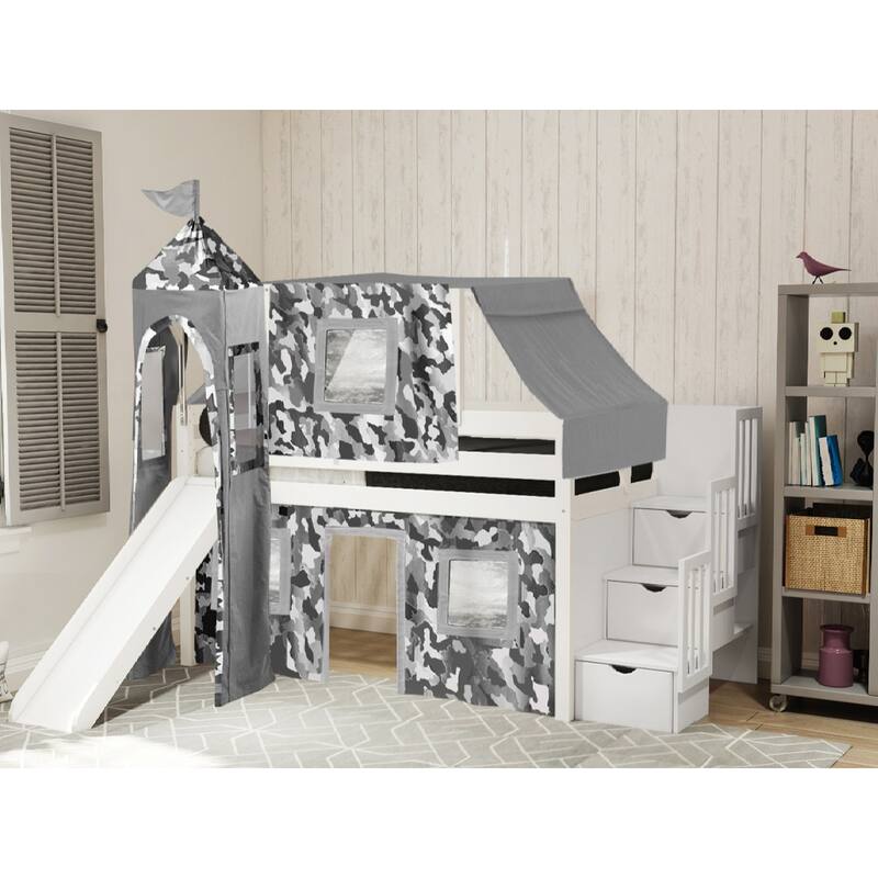 JACKPOT Prince & Princess Low Loft Twin Bed, Stairs Slide Tent & Tower - White with Grey Camo Tent