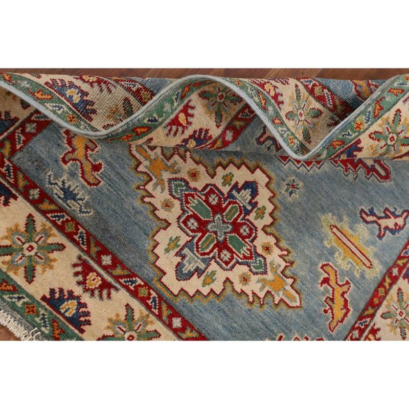 Light Blue Geometric Kazak Accent Rug Handmade Wool Carpet - 3'4" x 4'9"