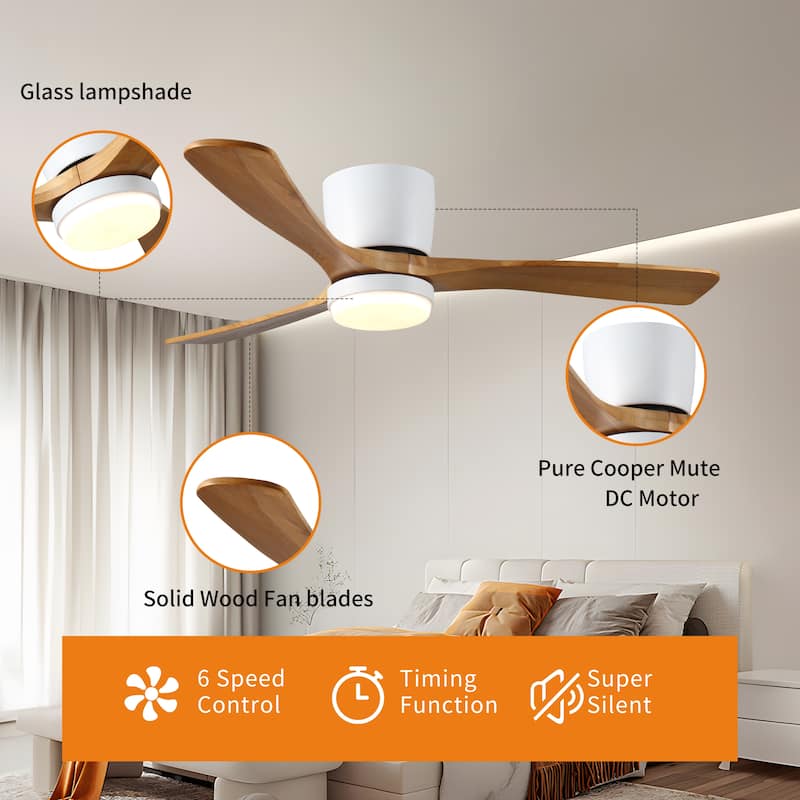 Modern Recessed Ceiling Fan Light with Adjustable Lighting and Wooden Blades, Reversible DC Motor for Bedroom and Living Room