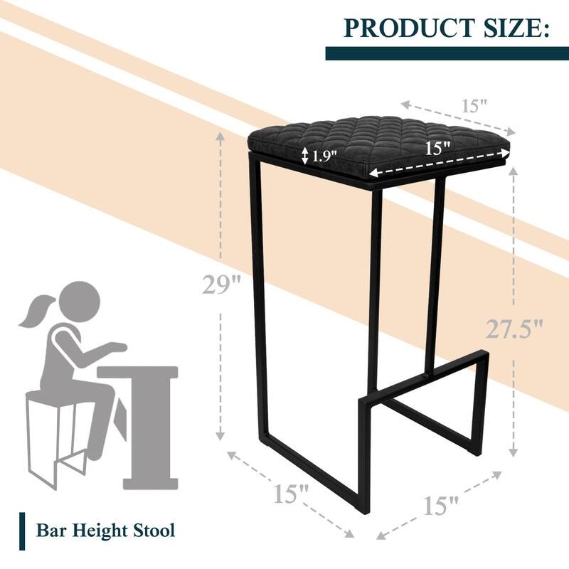 Quincy Leather Counter Barstool – Upholstered Square Seat with Quilted Back, Footrest, and Metal Legs for Kitchen or Dining Area