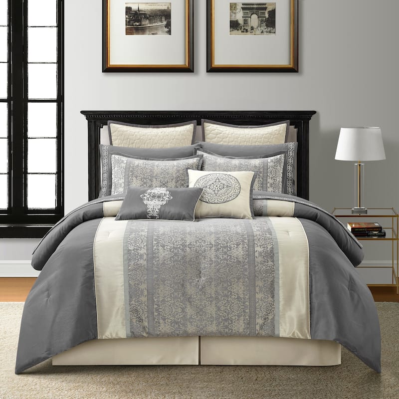 Nanshing Sierra 12 Piece Faux Silk Damask Comforter Set - Grey - Queen