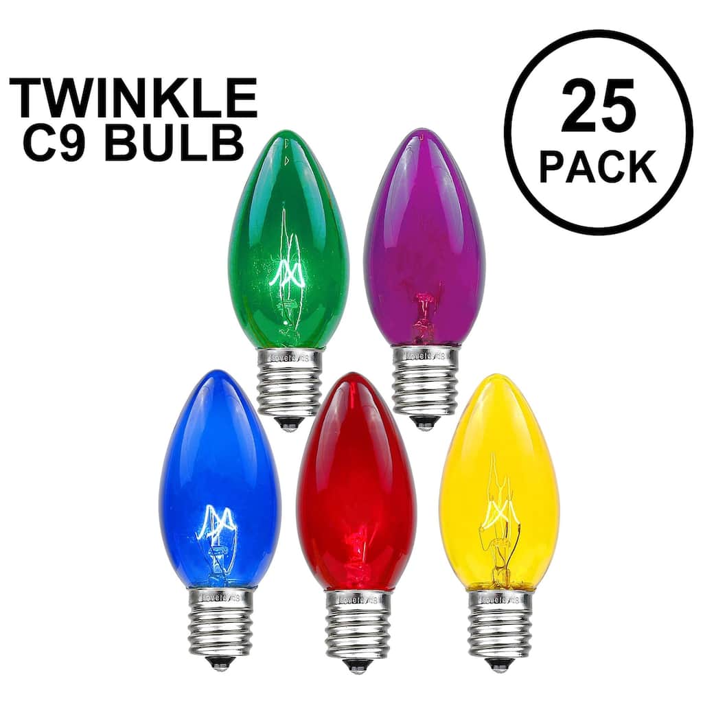 25 Pack C9 Twinkle Outdoor Christmas Replacement Bulbs, C9/E17 Base
