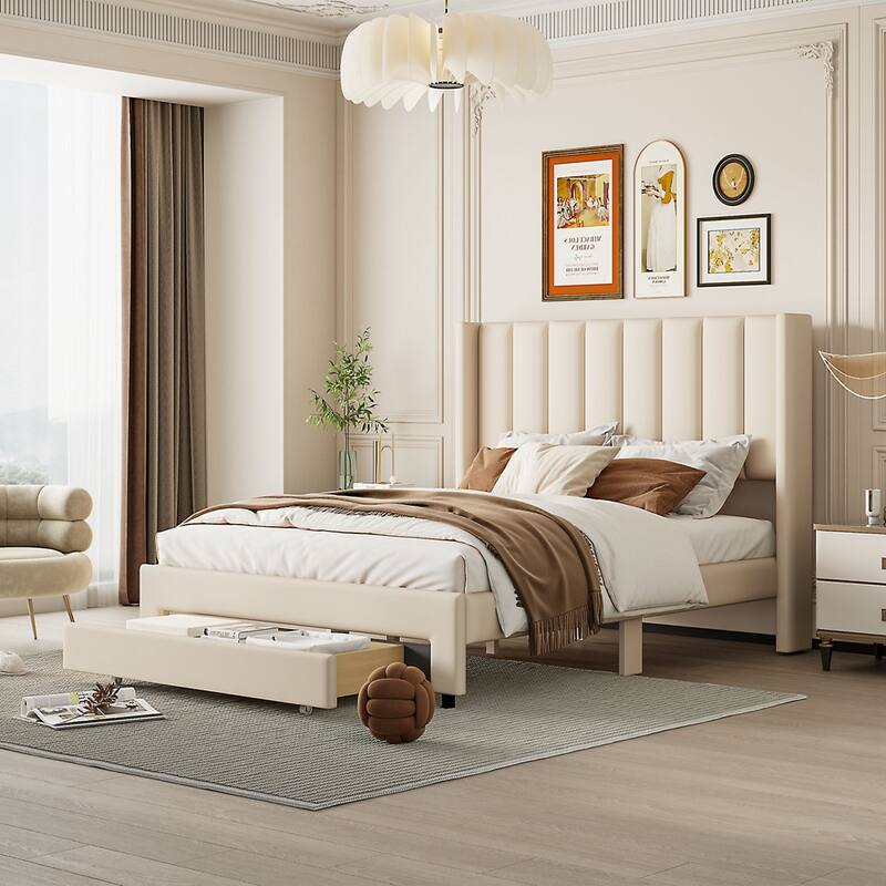 Velvet Upholstered Storage Platform Bed with a Drawer