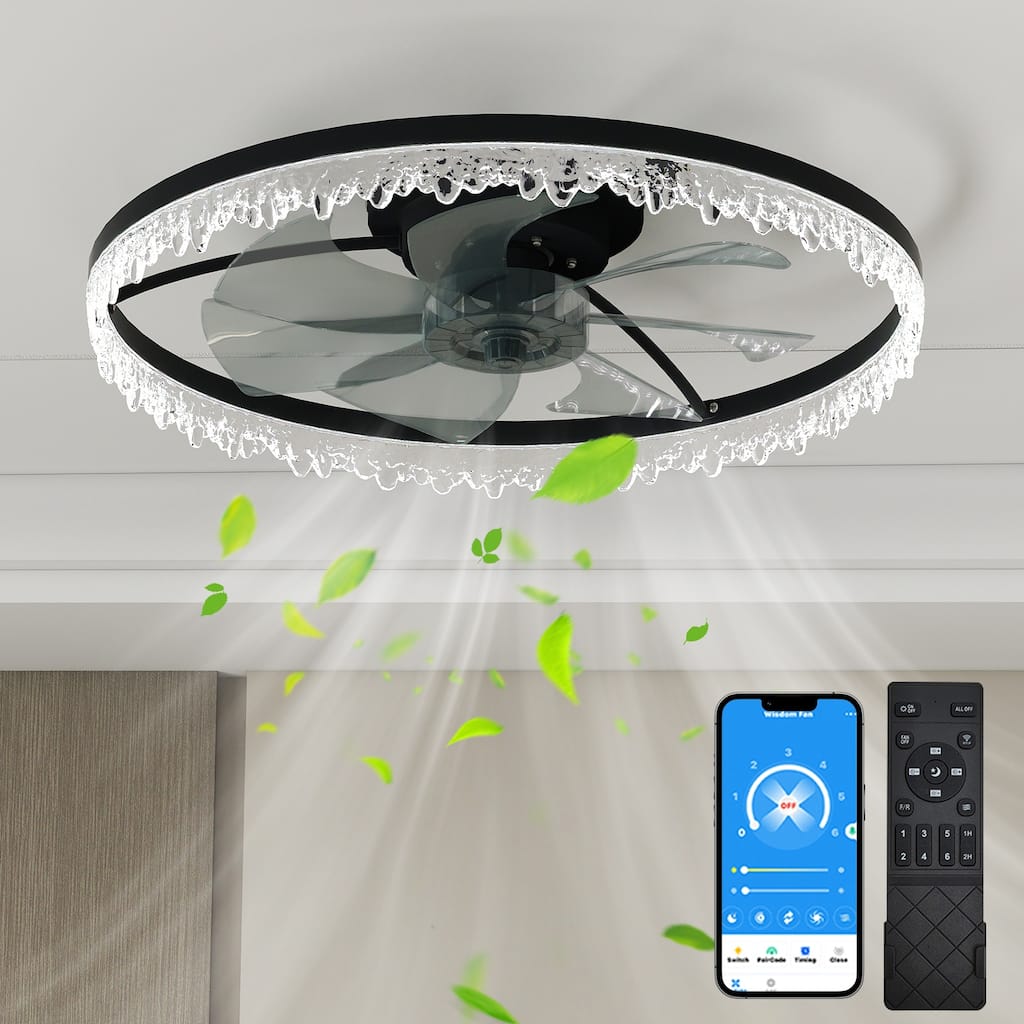 Luxury Crystal Ceiling Fan with Lights - 24" Flush Mount LED Chandelier Fan with 5 Invisible Blades, Remote & Timer - Black