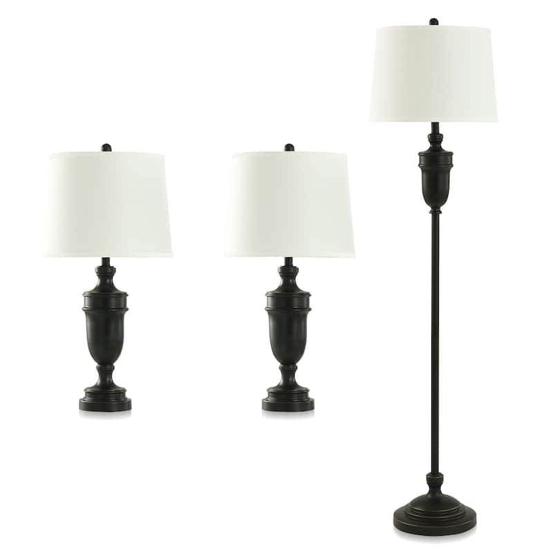 Steel Table and Floor Lamps - Set of 3 - Dark Bronze Finish - Off-White Linen Shade - Dark Bronze, Off-White