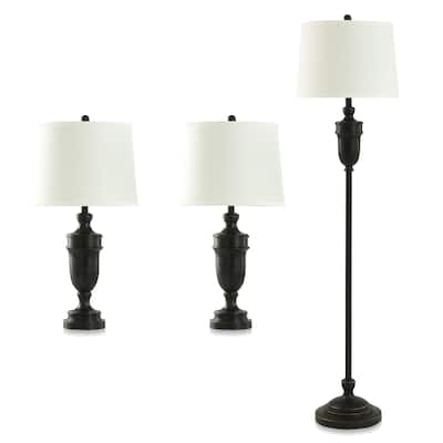 Steel Table and Floor Lamps - Set of 3 - Dark Bronze Finish - Off-White Linen Shade