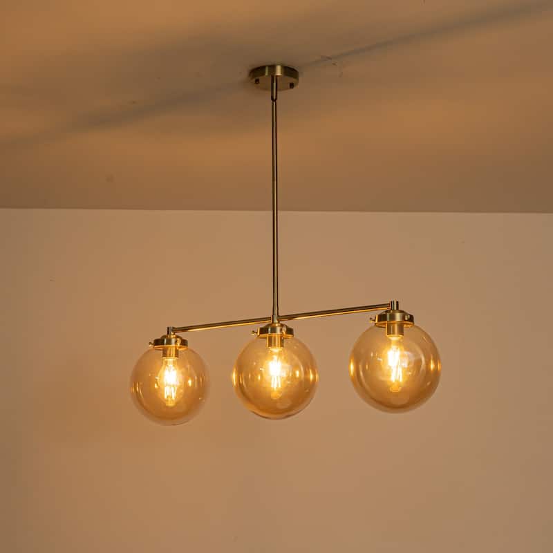 3-Light 33.46" Modern Gold & Antique Bronze Amber Glass Globe Linear Pendant - 33.46" W × 10.24" H × 7.87" D - 33.46" W × 10.24" H × 7.87" D - Antique Bronze