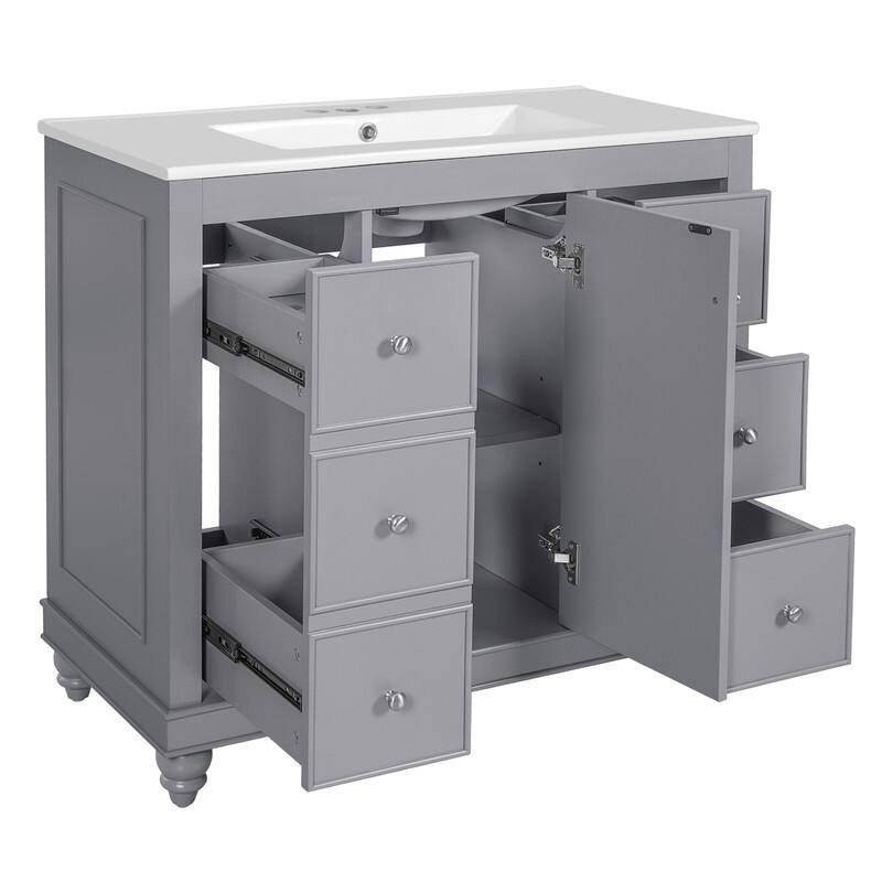 36'' Bathroom Vanity Cabinet with Ceramic Sink, Freestanding Bathroom Vanity Cabinet with 4 Drawers, 1 Door and Adjustable Shelf