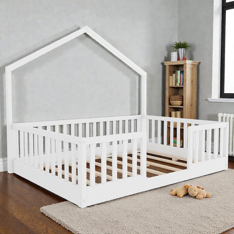 Wood Floor Bed with High Guardrails and LED Light, Montessori Style Low Profile Bed for Kids