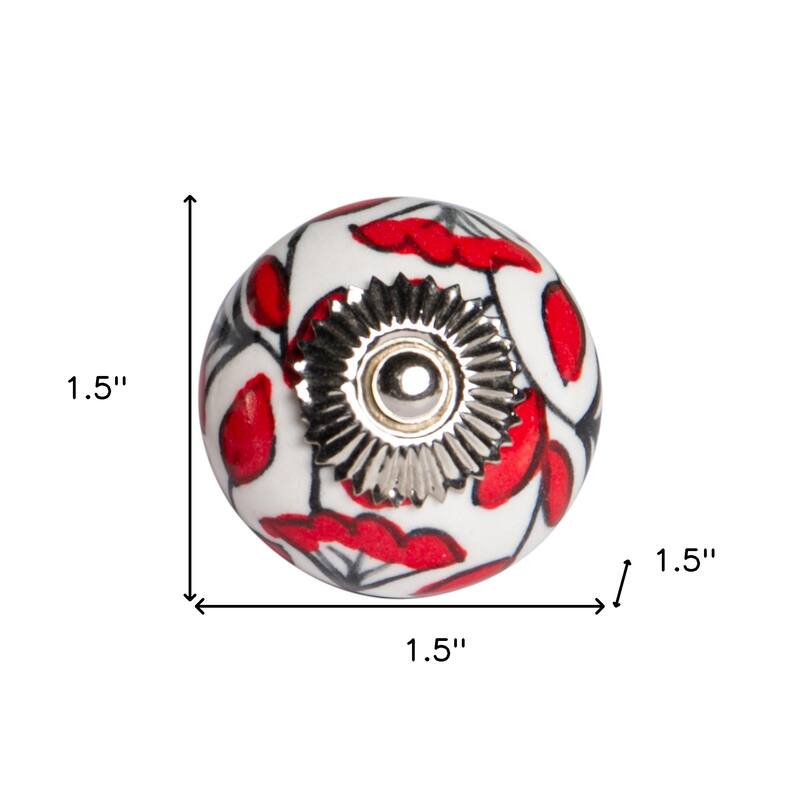 HomeRoots Set of Eight White And Red Ceramic And Metal Drawer Pull Knobs - 1.5' X '1.5' X '1.5