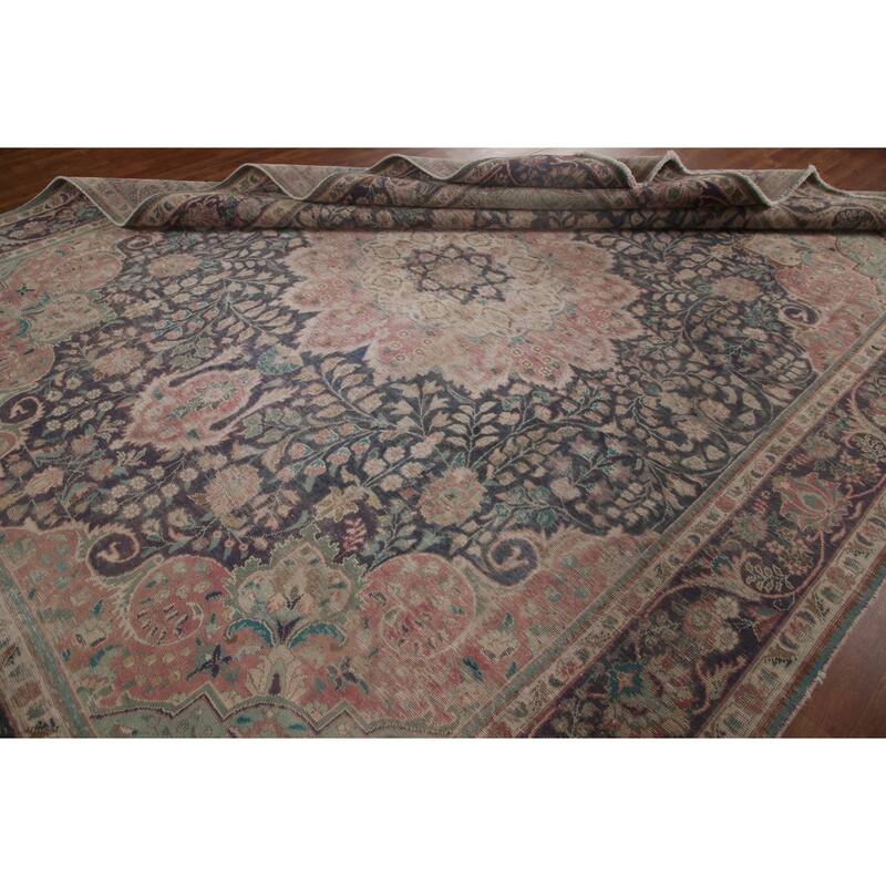 Distressed Tabriz Persian Antique Area Rug Handmade Wool Carpet - 9'9" x 12'8"
