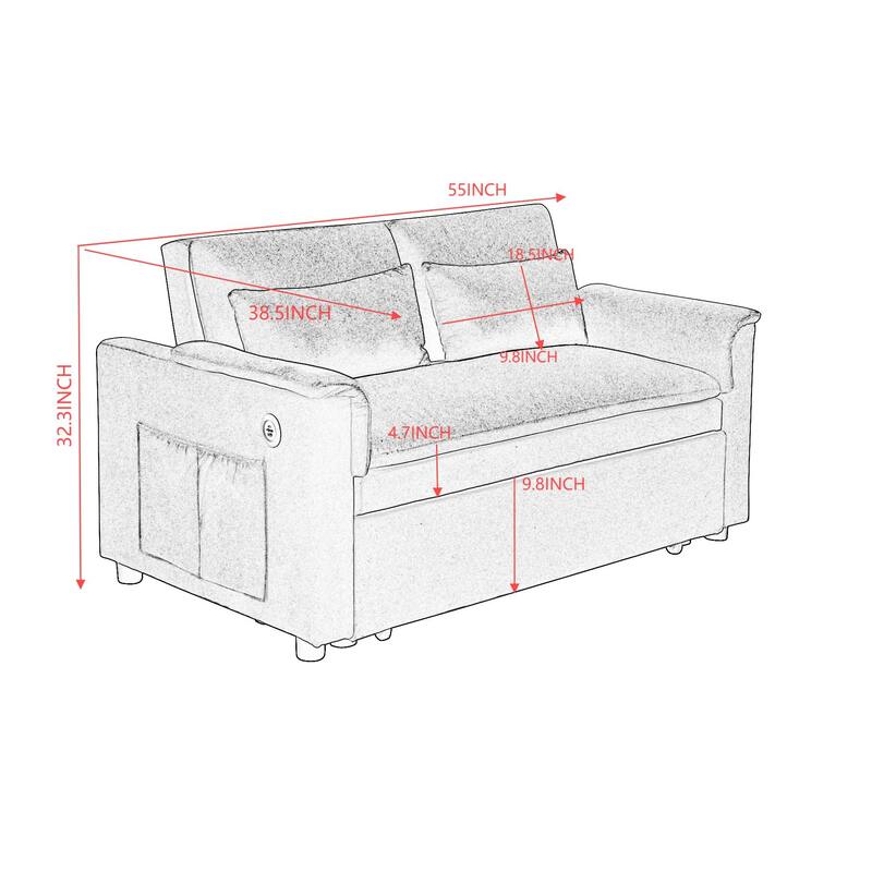 55" Velvet 3-in-1 Convertible Sleeper Sofa Bed with Adjustable Backrest, USB Ports and Storage Pockets, Black