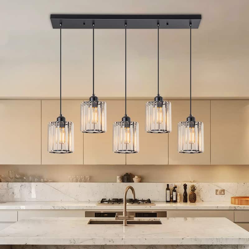 Starsky 5-Light 32in. Modern Crystal Linear Chandelier Cluster Cylinder Glass Kitchen Island Light