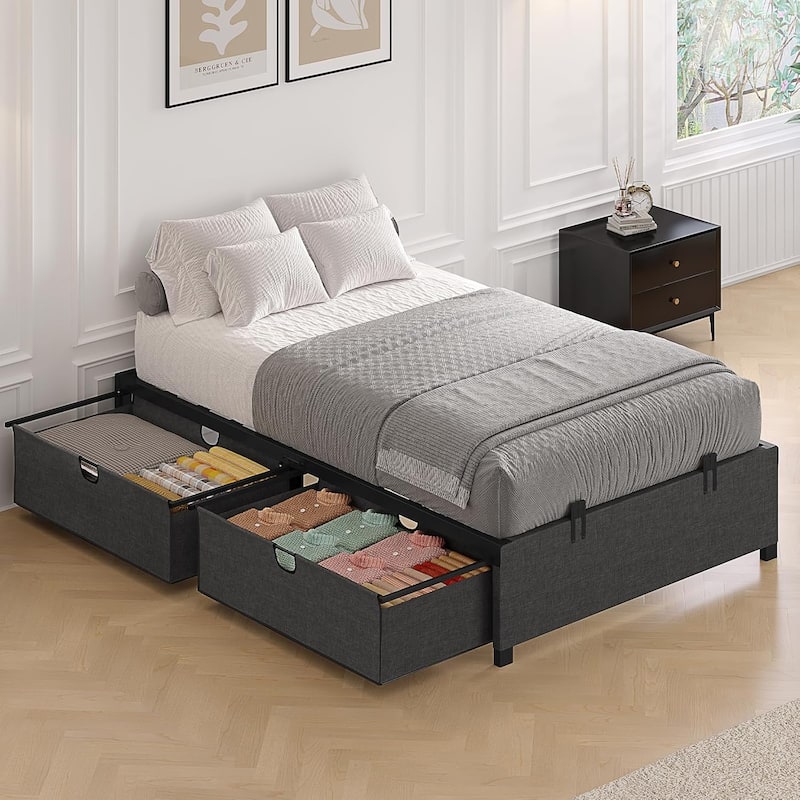 Twin Size Bed Frame 2 Large Storage Drawers Platform Bed Metal Kids
