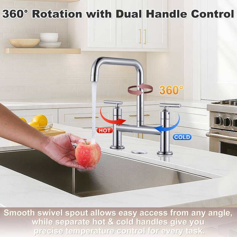 WOWOW Double Handle Bridge Faucet with Kitchen Sink Hole Cover