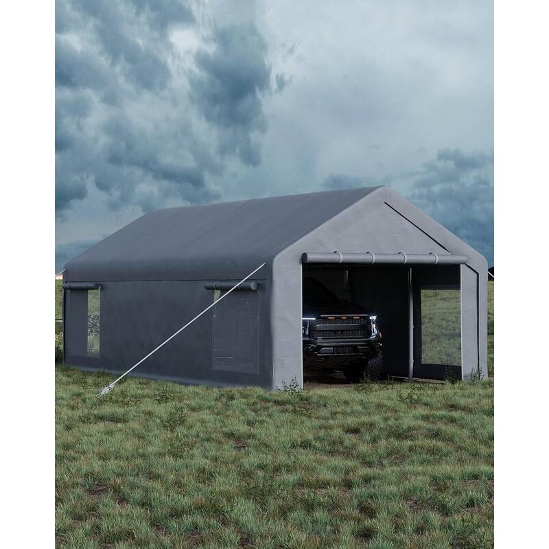 13x25 Ft Carport with 2 Roll-Up Doors, and 4 Windows for Bass Boats, Tractors, and SUVs - 13X25 Ft - Grey