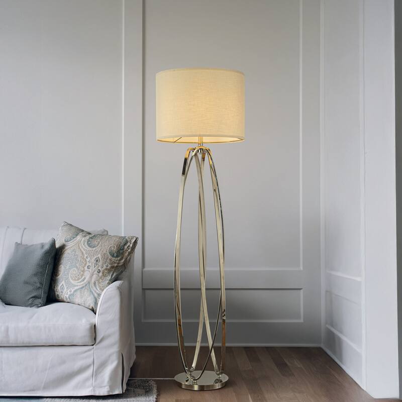 62'' Elegant Modern Polished Nickel Metal Floor Lamp With Ivory Fabric Drum Shade For Living Room Dining Room - W18''