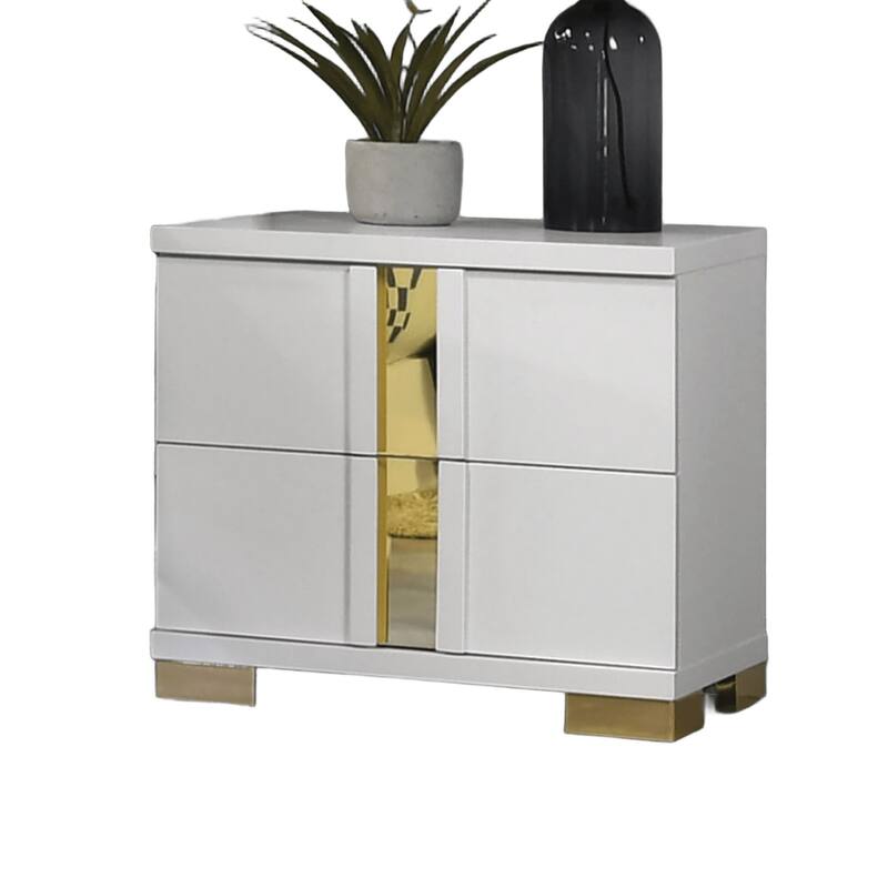 Nightstand with Acrylic Trim, Wooden Bedroom Coffee Table, Sofa Side Table with 2 Drawers & Bracketed Metal Legs