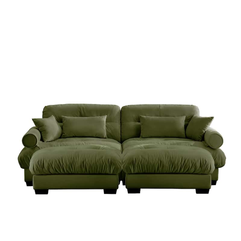 Over Size Modern Two-seater Sofa with Ottoman, Velvet 2-Seater with Round Bolster Armrests,With Waist Pillow and Throw Pillows