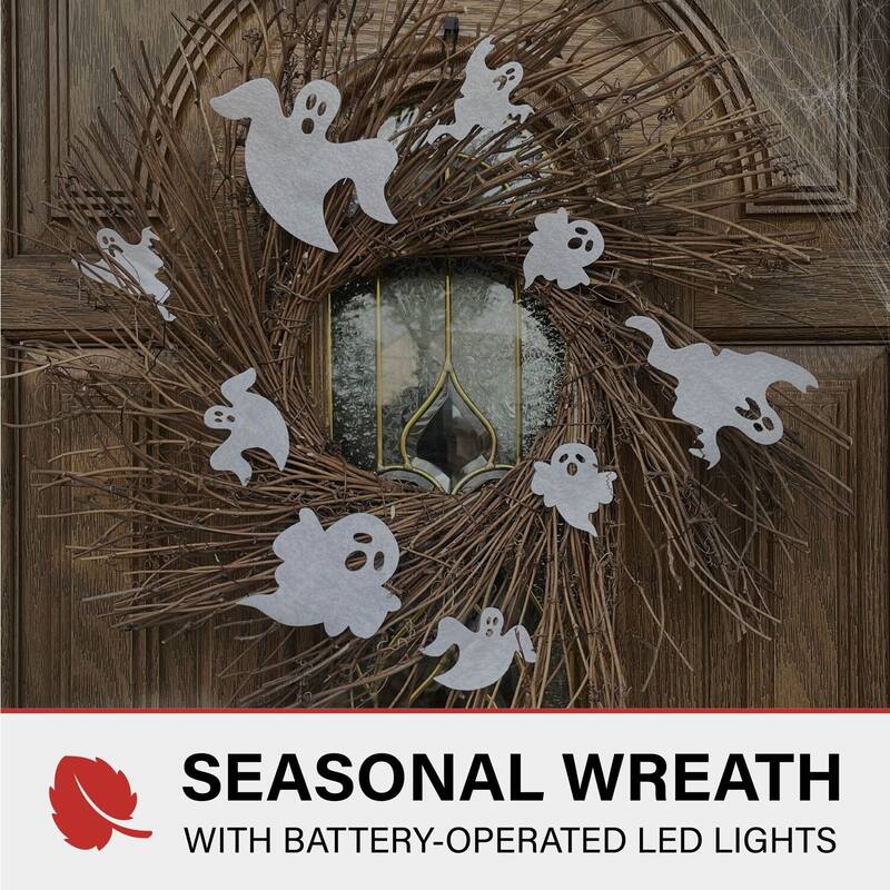 Haunted Hill Farm 20-In. Battery-Operated Natural Twig Wreath with LED Lights and Spooky Ghosts