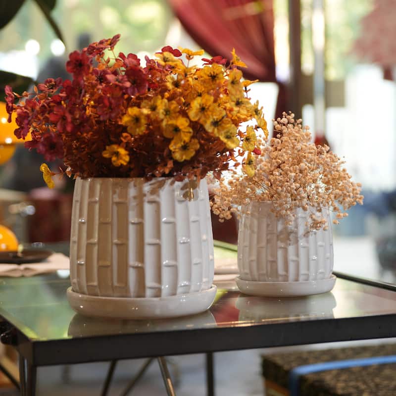 Set of 2 Handmade Ceramic Planters, Includes Saucers, Vertical Ribbed