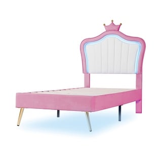 Twin Upholstered Bed Frame w/Crown Headboard & LED for Kids,White Pink