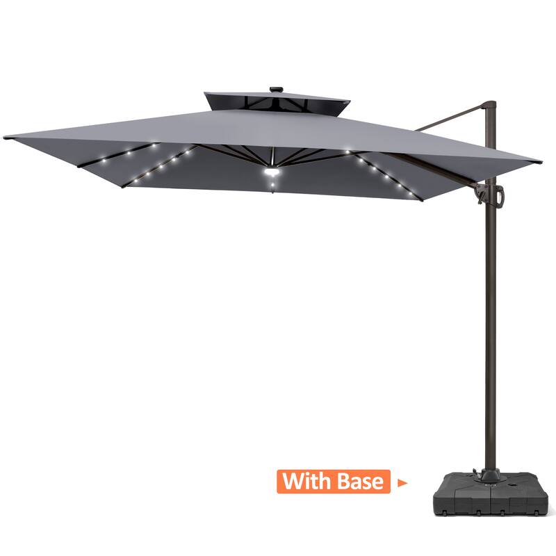 VredHom 11X11 FT Outdoor Aluminum Square Cantilever Patio Umbrella Solar LED Light with Weights Base