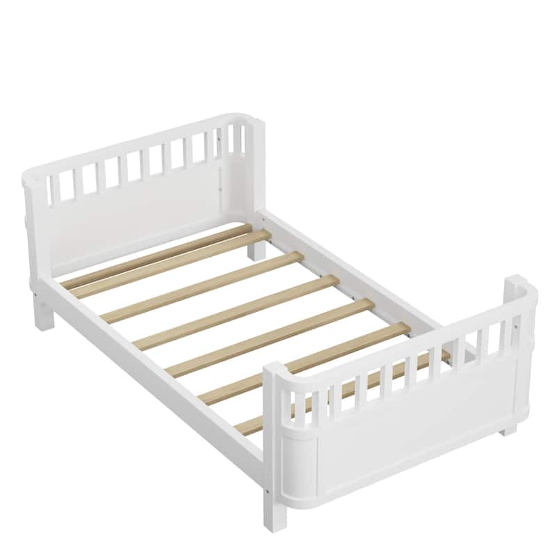Twin Size Wood Platform Bed w/ Rails for Girls Boys - White