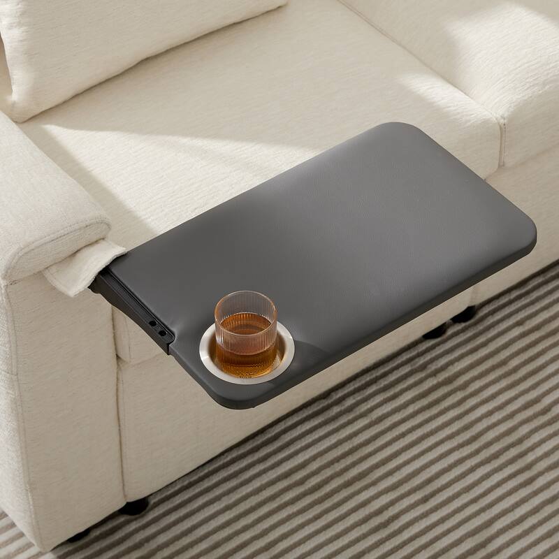 Tufted Chenille Sectional Sofa with Pull-out Bed, Flip-up Table Panel, Reading Lamp, Charging Ports, Storage Ottoman, 6 Pillows