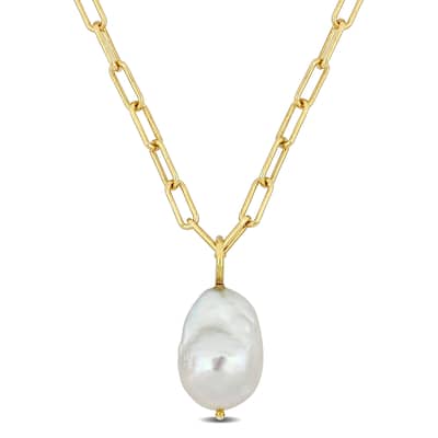Miadora 13-14mm Natural Shape Cultured Freshwater Pearl and 3.5mm Oval Link Necklace Silver