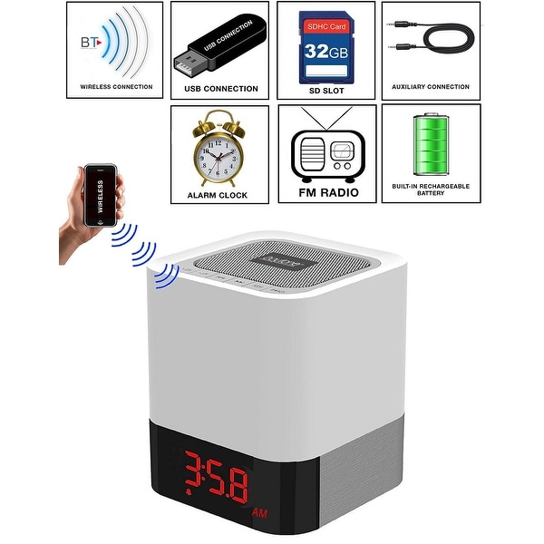 Boytone BT-83CR Portable FM Radio Alarm Clock Wireless Bluetooth 4.1 Speaker, 3-Way Night Light Touch Lamp, Built-in Rechargeabl