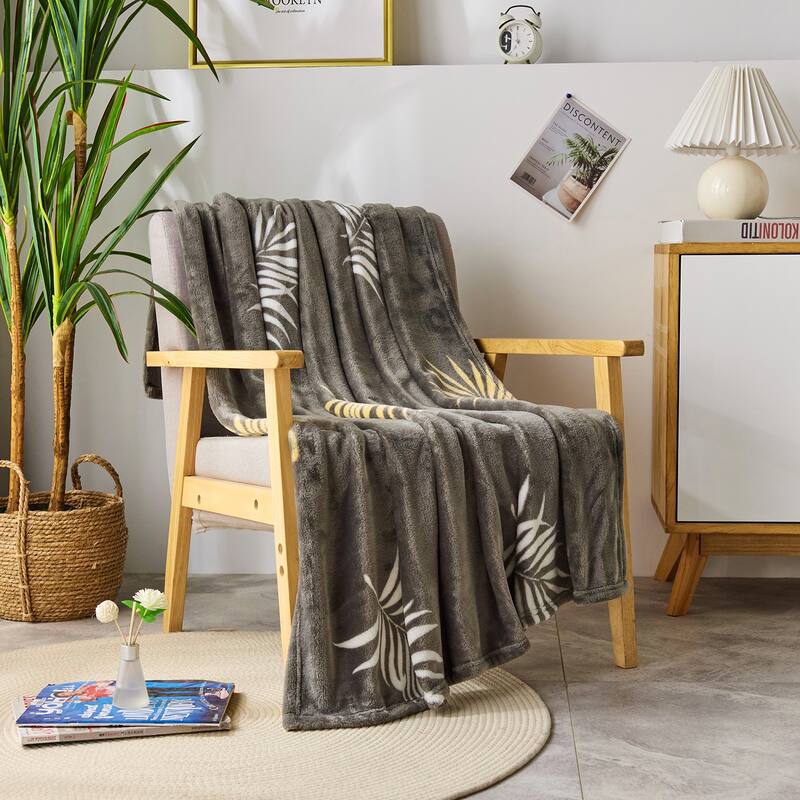 Microplush Fleece Ultra-soft Patterned Velvet Throw Blanket - Goden Leaves