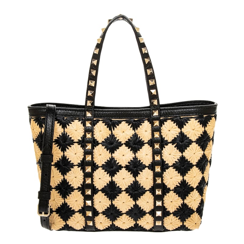Valentino Rockstud Mini Raffia Tote Bag - Beige and Black