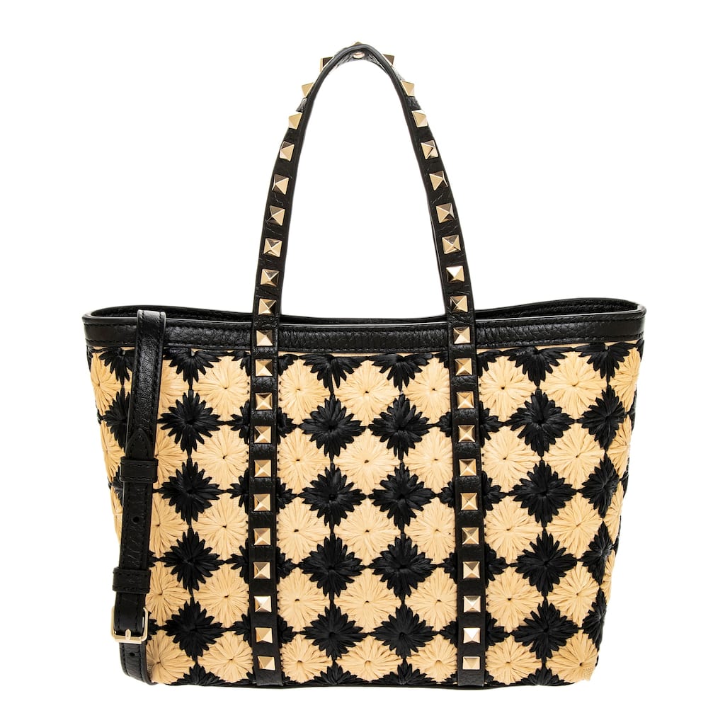 Valentino Rockstud Mini Raffia Tote Bag
