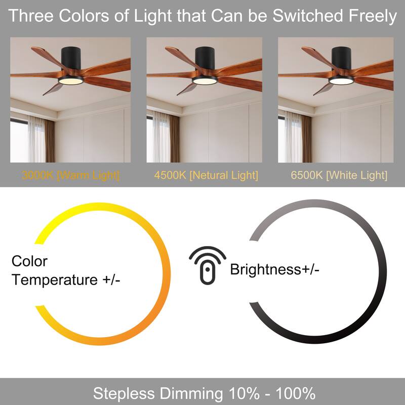 60" Ceiling Fan with Light, Flush Mount, 5 Solid Wood Blades, Quiet Reversible DC Motor, APP & Remote Control - Natural Wood