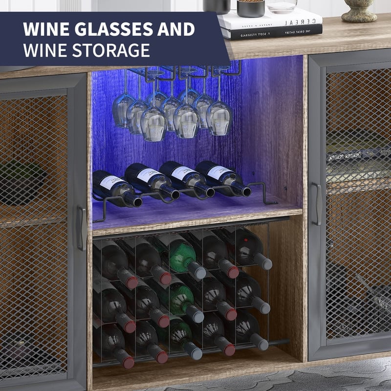 Mixoy LED Wine Bar Cabinet,Home Bar Industrial Sideboard Storage Buffet Cabinet,Farmhouse Coffee Bar Cabinet for Liquor,Glasses
