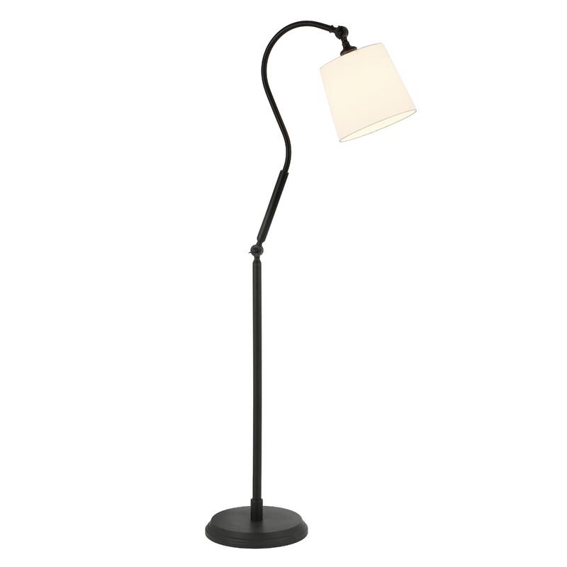 57" Black Arched Floor Lamp with White Drum Shade and Frosted Glass Foot Switch, Linen Fabric - 57" H x 12" W x 12" D