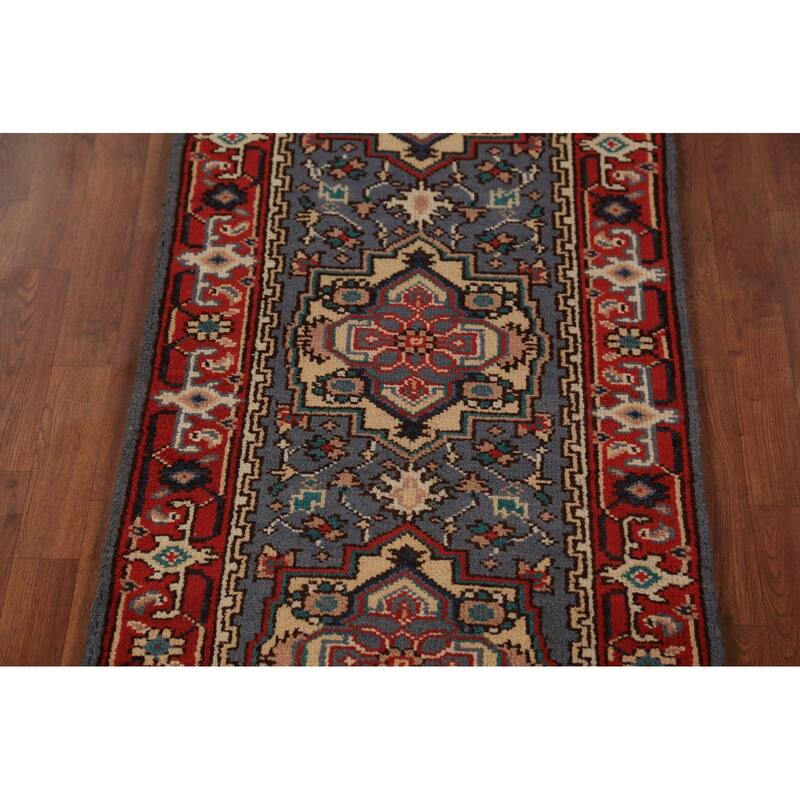 Blue Geometric Heriz Serapi Runner Rug Hand-Knotted Wool Carpet - 2'7"x 7'10"