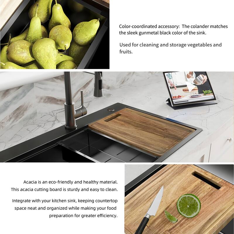 32 inch Gunmetal Black Drop-In Workstation Sink, 18 Gauge Single Bowl Topmount Stainless Steel Kitchen Sink