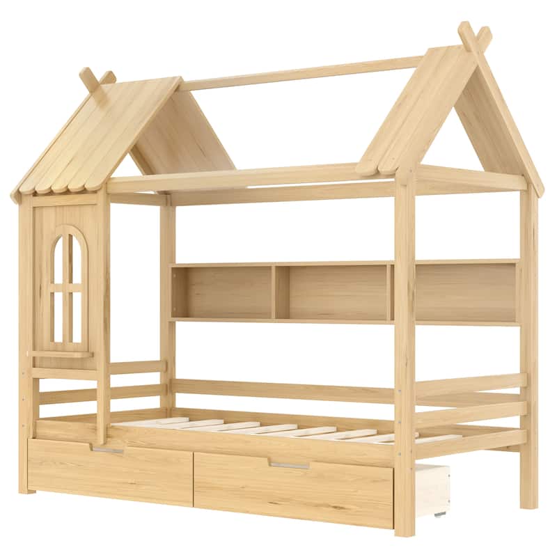 Charming House Bed for Girls, Boys Low Platform Bed Frame with Under-bed Drawers, Storage Shelves, Window and Roof