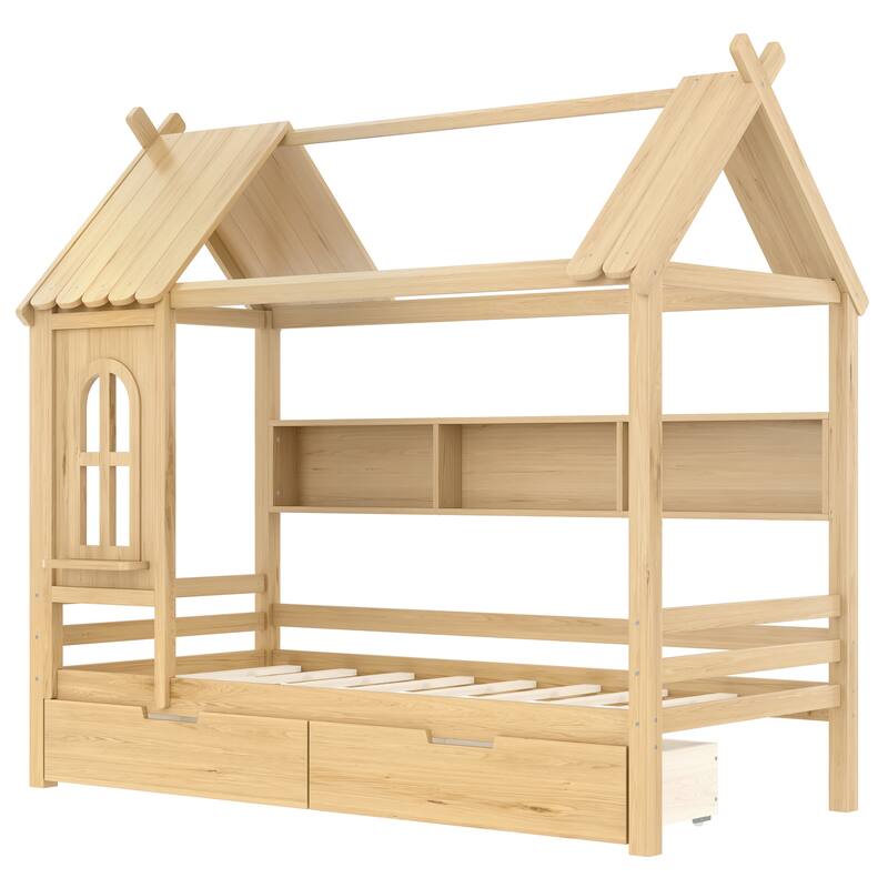 Twin house Beds with Storage Drawers and Window, Solid Wood House Platform Bed Frame with shelves